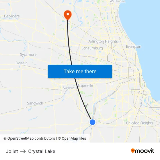 Joliet to Crystal Lake map