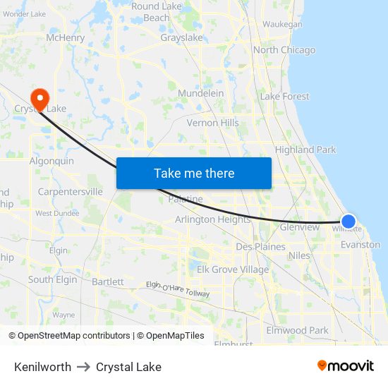 Kenilworth to Crystal Lake map