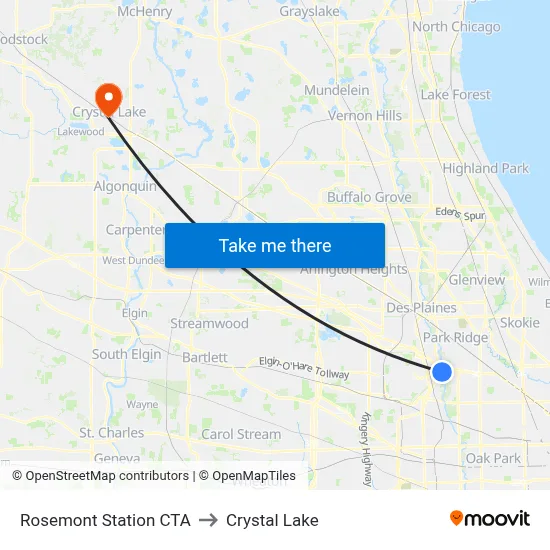 Rosemont Station CTA to Crystal Lake map