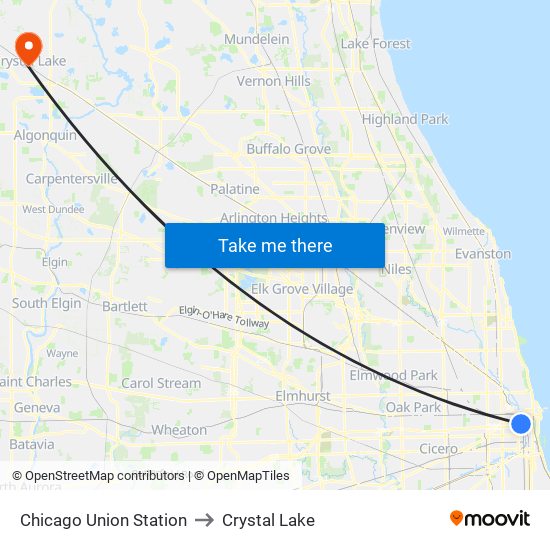Chicago Union Station to Crystal Lake map