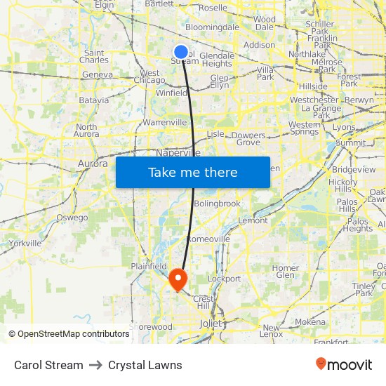 Carol Stream to Crystal Lawns map