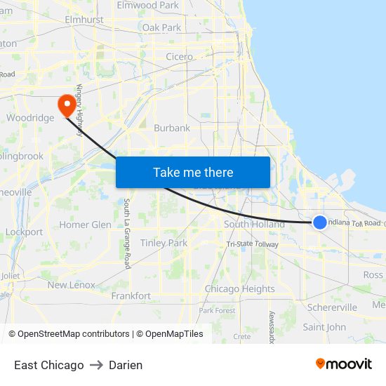 East Chicago to Darien map