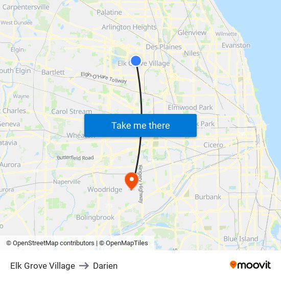 Elk Grove Village to Darien map