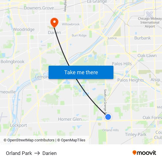 Orland Park to Darien map