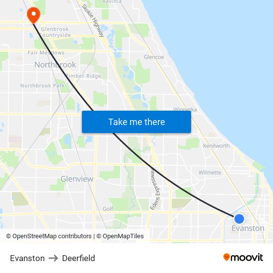 Evanston to Deerfield map