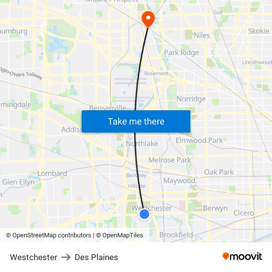 Westchester to Des Plaines map