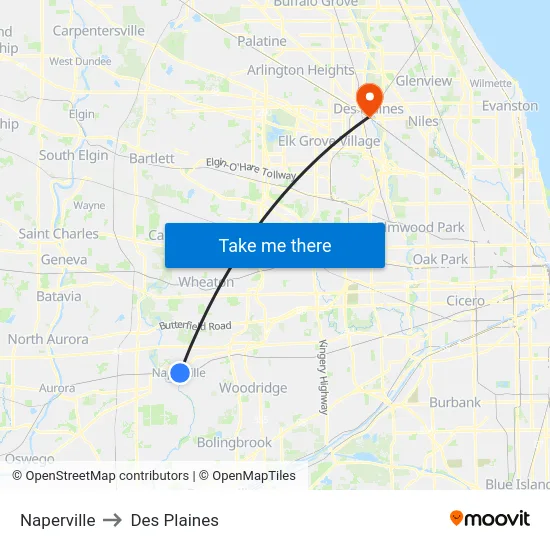 Naperville to Des Plaines map