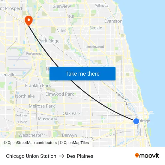Chicago Union Station to Des Plaines map