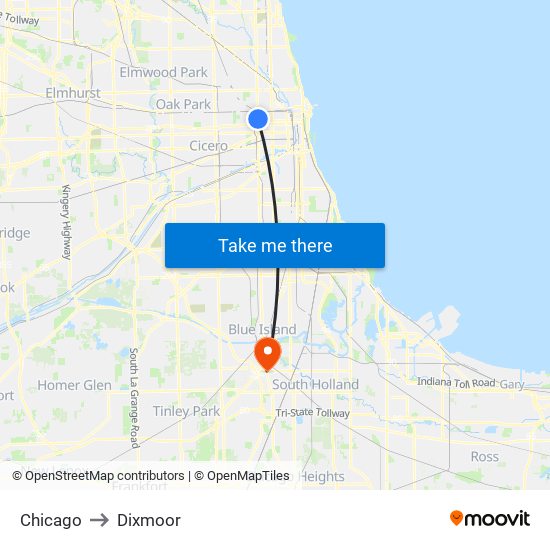 Chicago to Dixmoor map