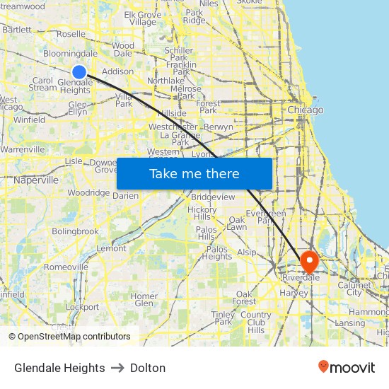 Glendale Heights to Dolton map