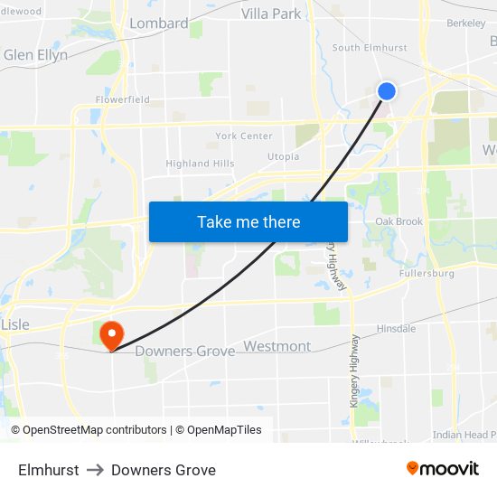 Elmhurst to Downers Grove map