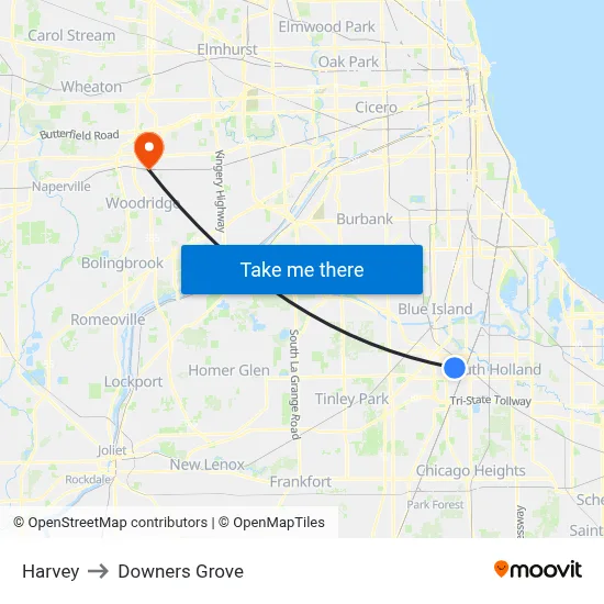 Harvey to Downers Grove map