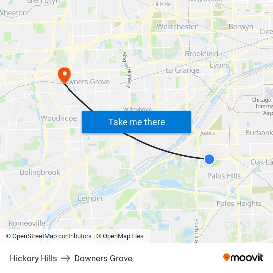 Hickory Hills to Downers Grove map