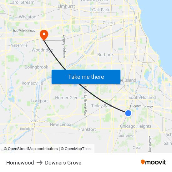 Homewood to Downers Grove map