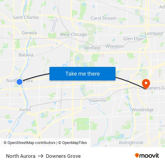 North Aurora to Downers Grove map