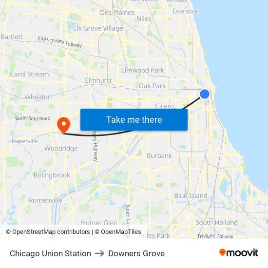 Chicago Union Station to Downers Grove map