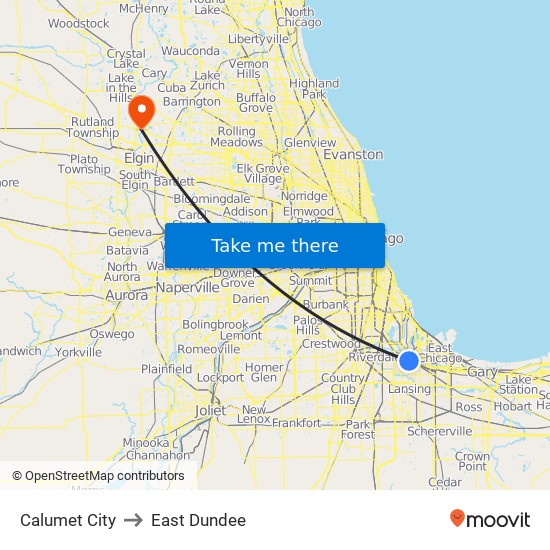 Calumet City to East Dundee map