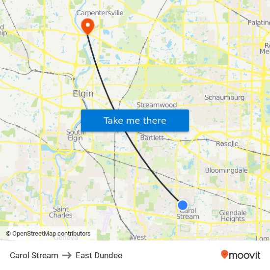 Carol Stream to East Dundee map