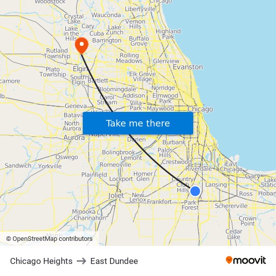 Chicago Heights to East Dundee map