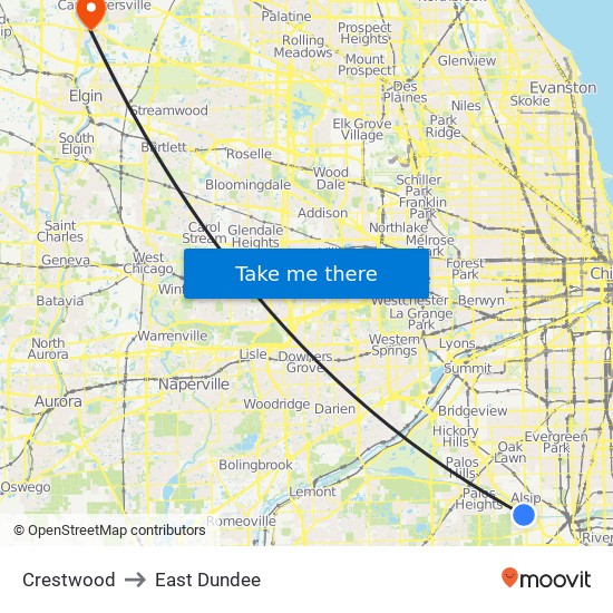 Crestwood to East Dundee map