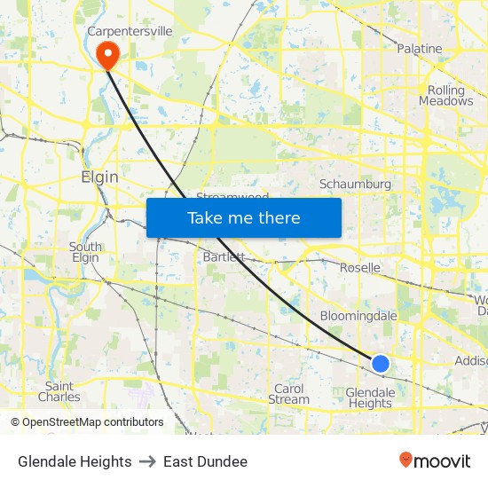 Glendale Heights to East Dundee map