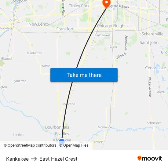 Kankakee to East Hazel Crest map