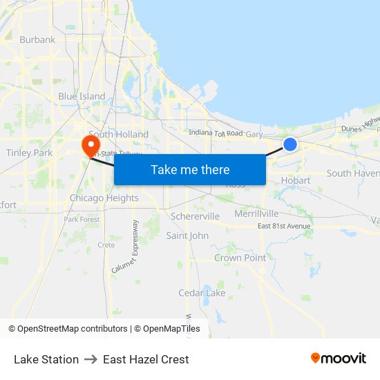 Lake Station to East Hazel Crest map