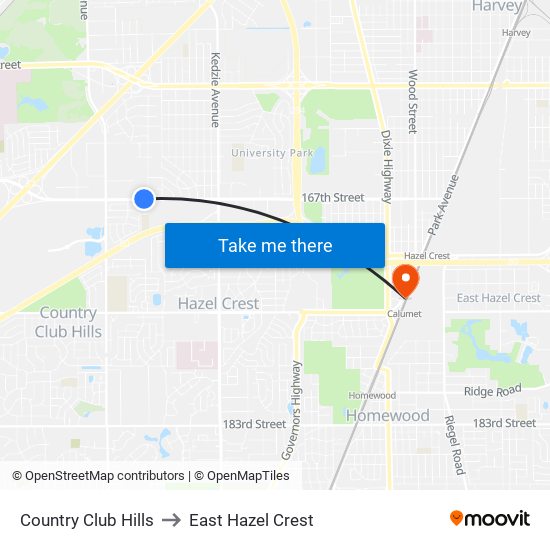 Country Club Hills to East Hazel Crest map