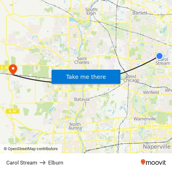 Carol Stream to Elburn map