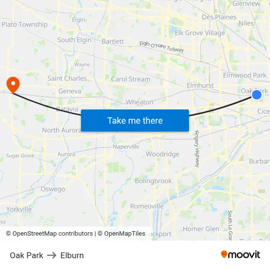 Oak Park to Elburn map