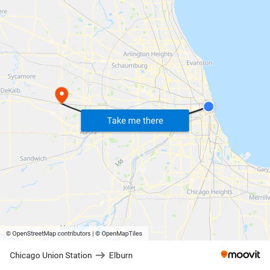 Chicago Union Station to Elburn map