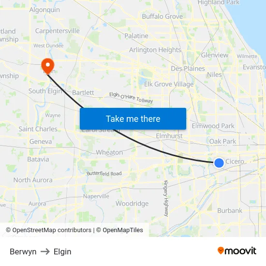 Berwyn to Elgin map