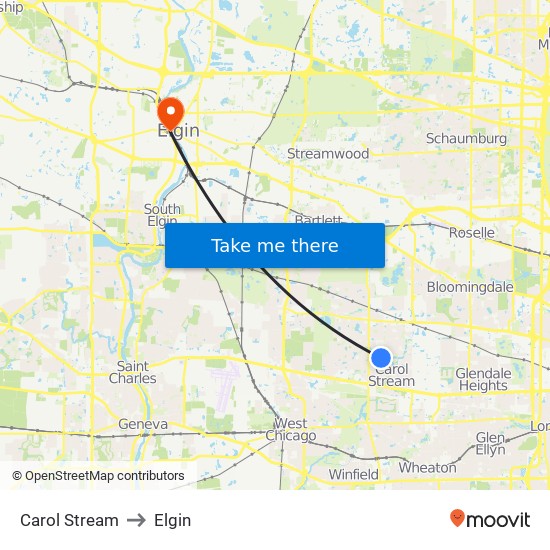 Carol Stream to Elgin map