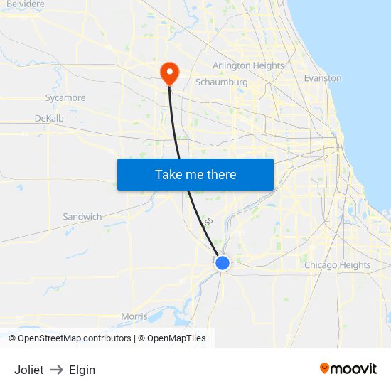 Joliet to Elgin map