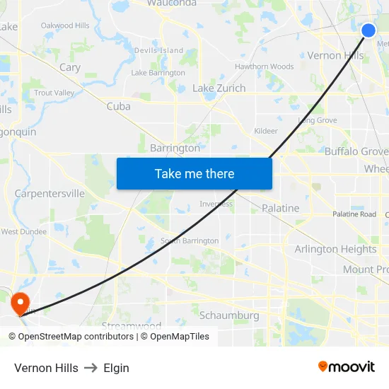 Vernon Hills to Elgin map