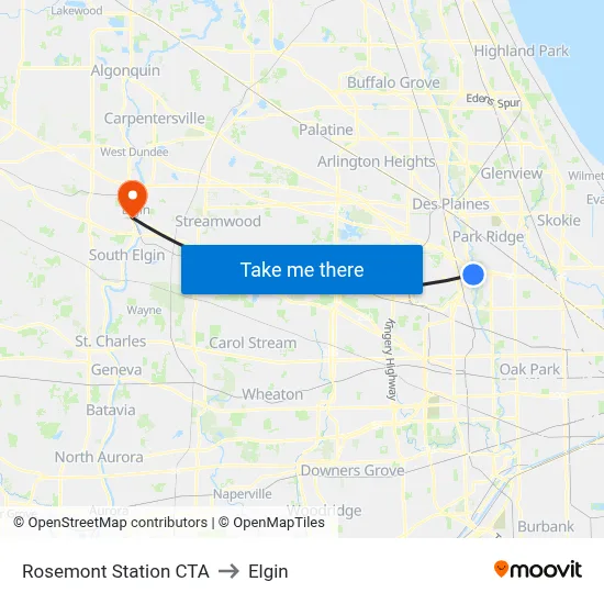 Rosemont Station CTA to Elgin map