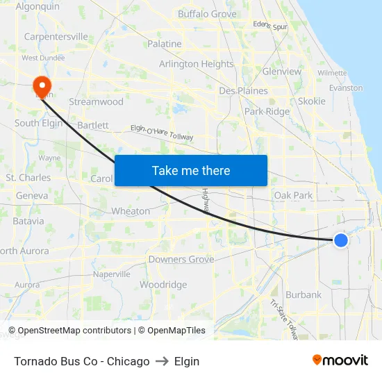 Tornado Bus Co - Chicago to Elgin map