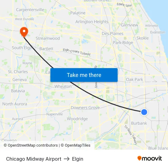 Chicago Midway Airport to Elgin map