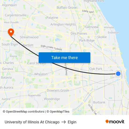 University of Illinois At Chicago to Elgin map