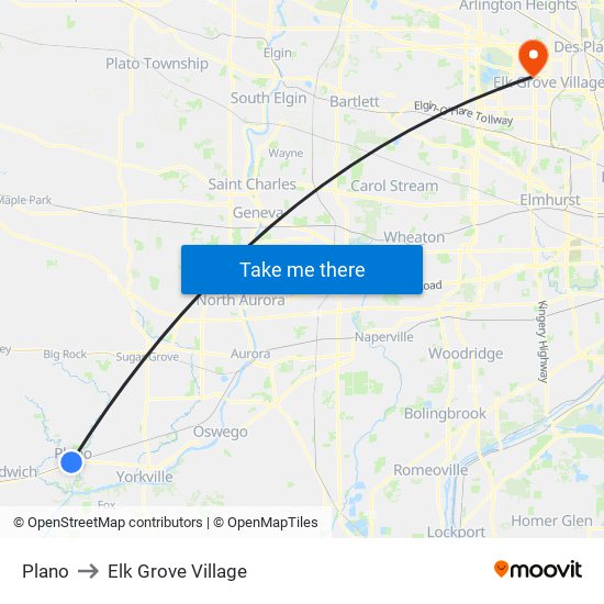 Plano to Elk Grove Village map