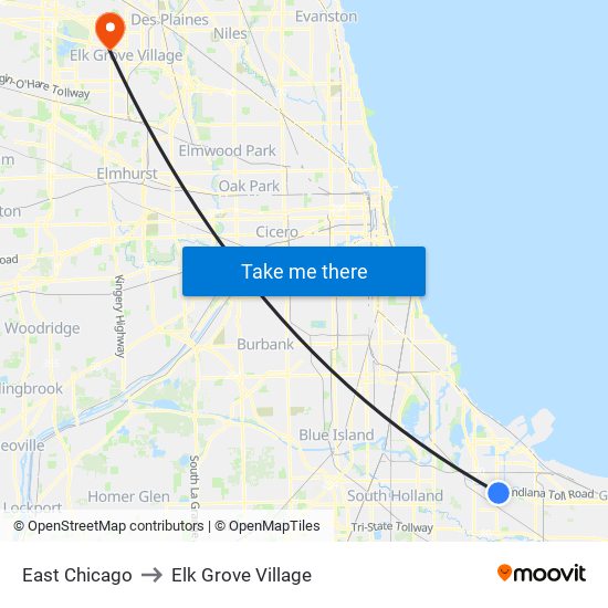 East Chicago to Elk Grove Village map