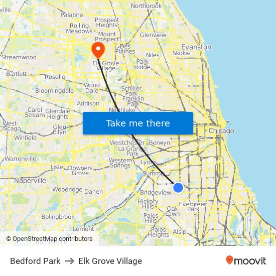 Bedford Park to Elk Grove Village map