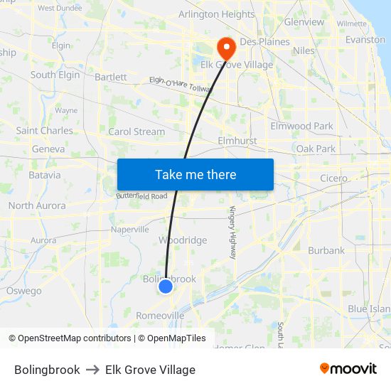 Bolingbrook to Elk Grove Village map