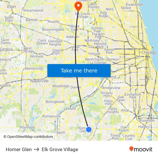 Homer Glen to Elk Grove Village map