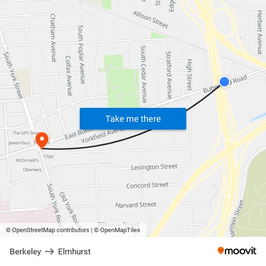 Berkeley to Elmhurst map