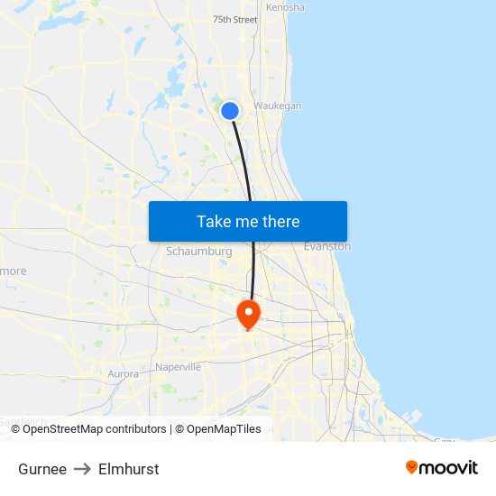 Gurnee to Elmhurst map