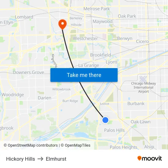 Hickory Hills to Elmhurst map