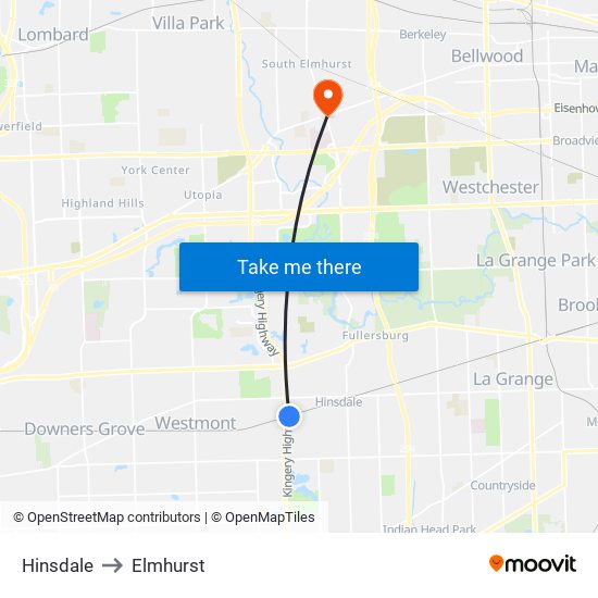 Hinsdale to Elmhurst map