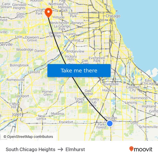 South Chicago Heights to Elmhurst map