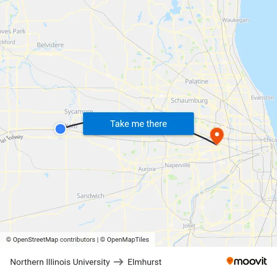 Northern Illinois University to Elmhurst map